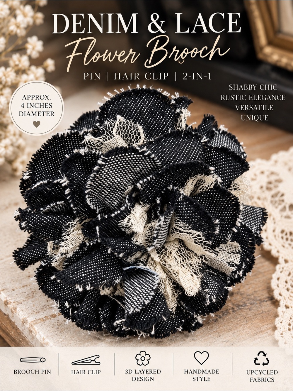 Black Denim Lace Flower Brooch Hair Clip 2-in-1 Shabby Chic Rosette